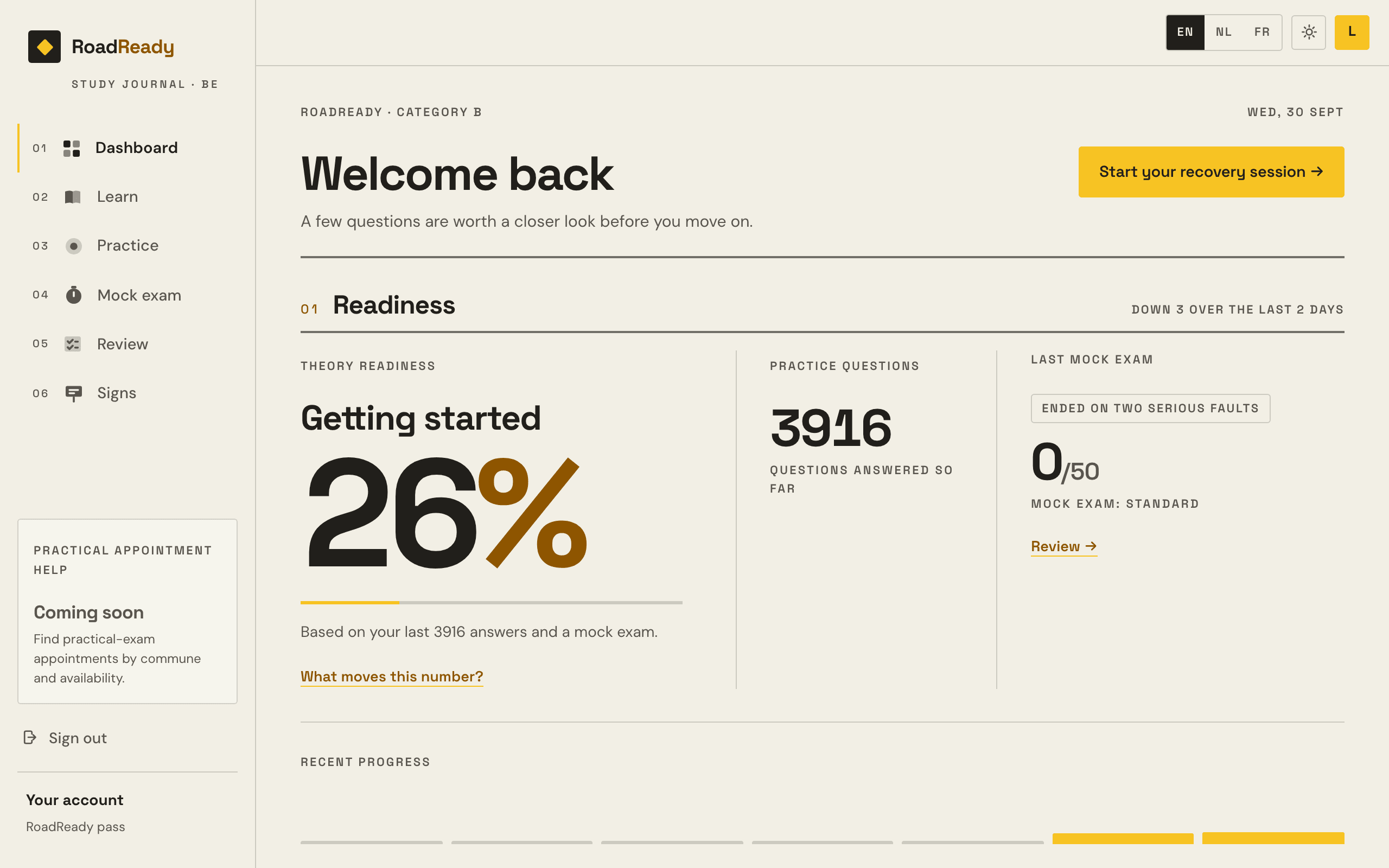 The Examula dashboard: the readiness band and figure, and what to work on next