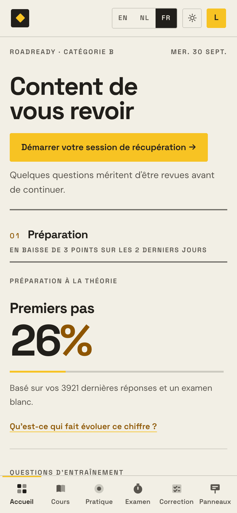 Le tableau de bord Examula : le niveau de préparation et son chiffre, et ce qu'il faut travailler ensuite