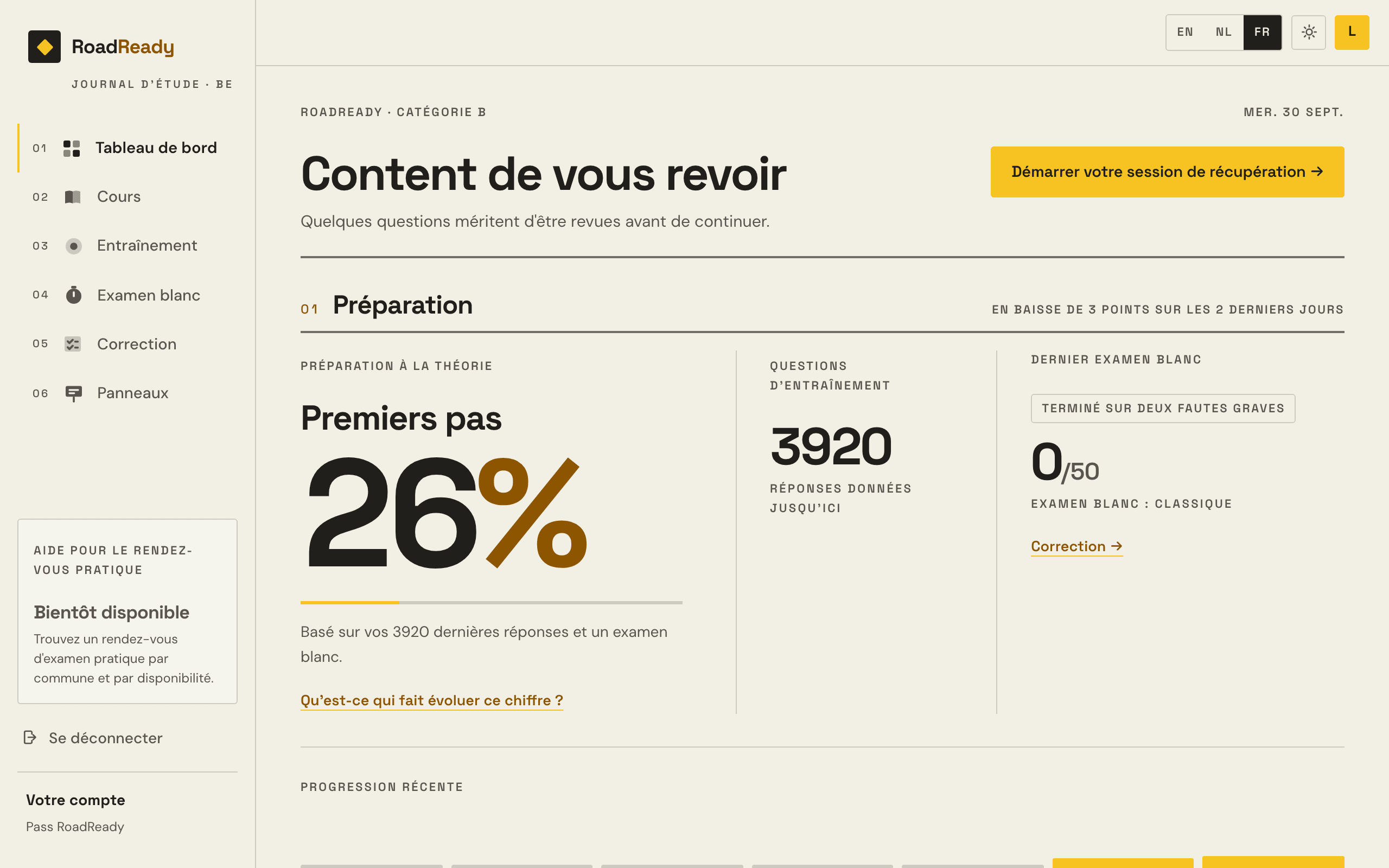 Le tableau de bord Examula : le niveau de préparation et son chiffre, et ce qu'il faut travailler ensuite