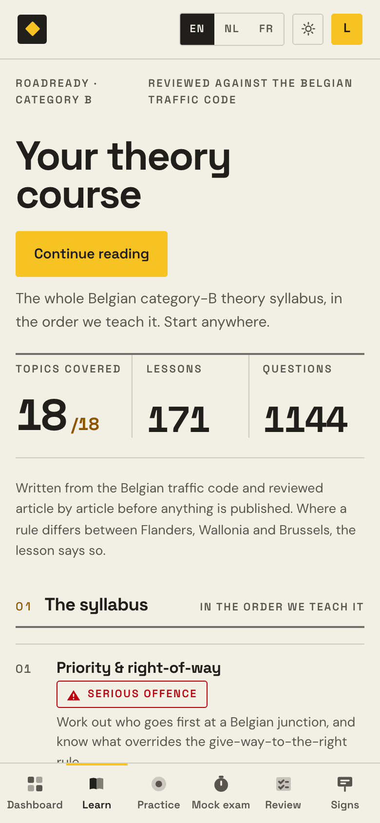The Learn map in Examula: every topic with its lessons and its question count