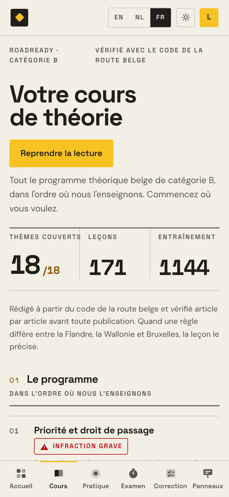 La carte d'apprentissage dans Examula : chaque thème avec ses leçons et son nombre de questions