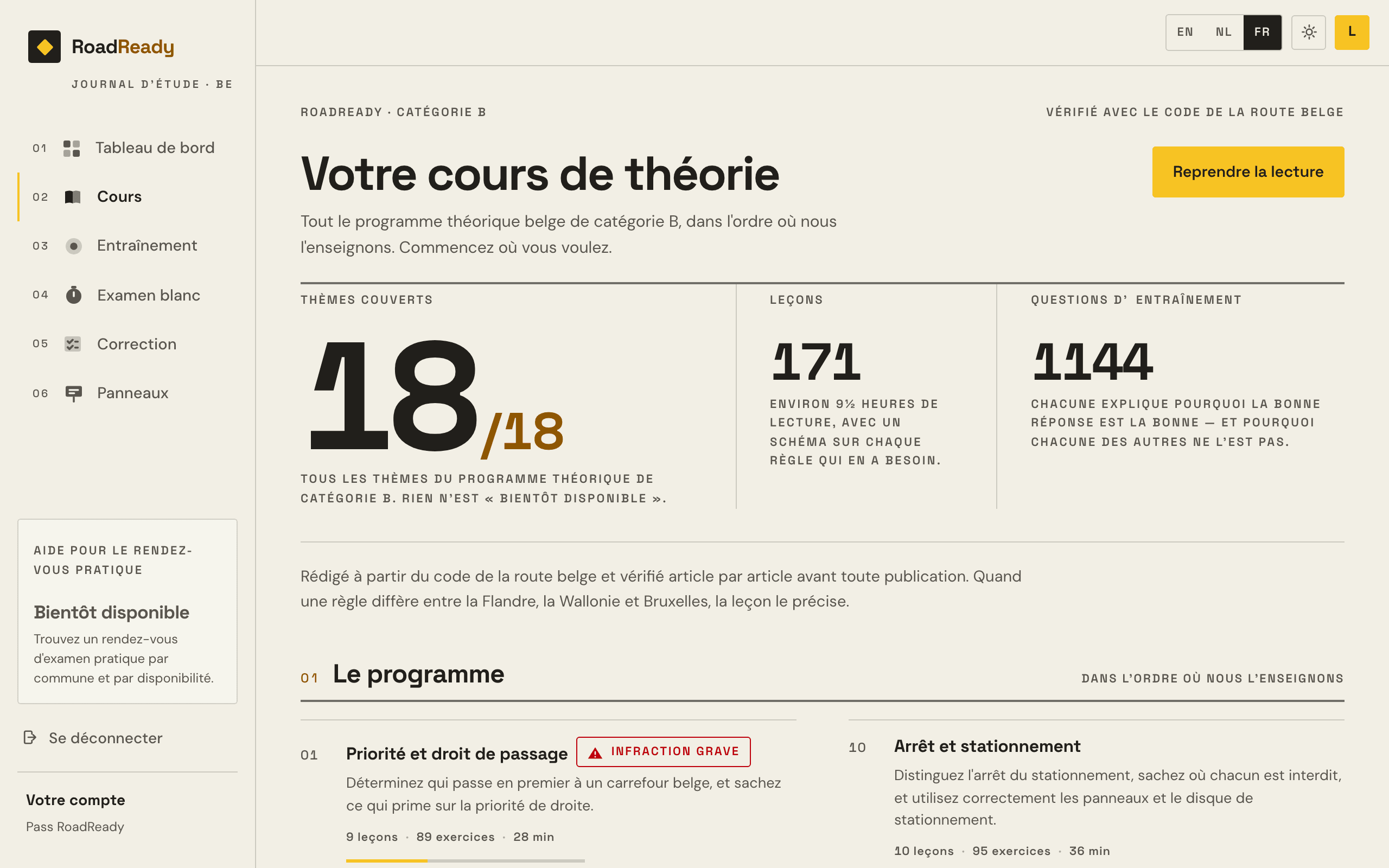La carte d'apprentissage dans Examula : chaque thème avec ses leçons et son nombre de questions