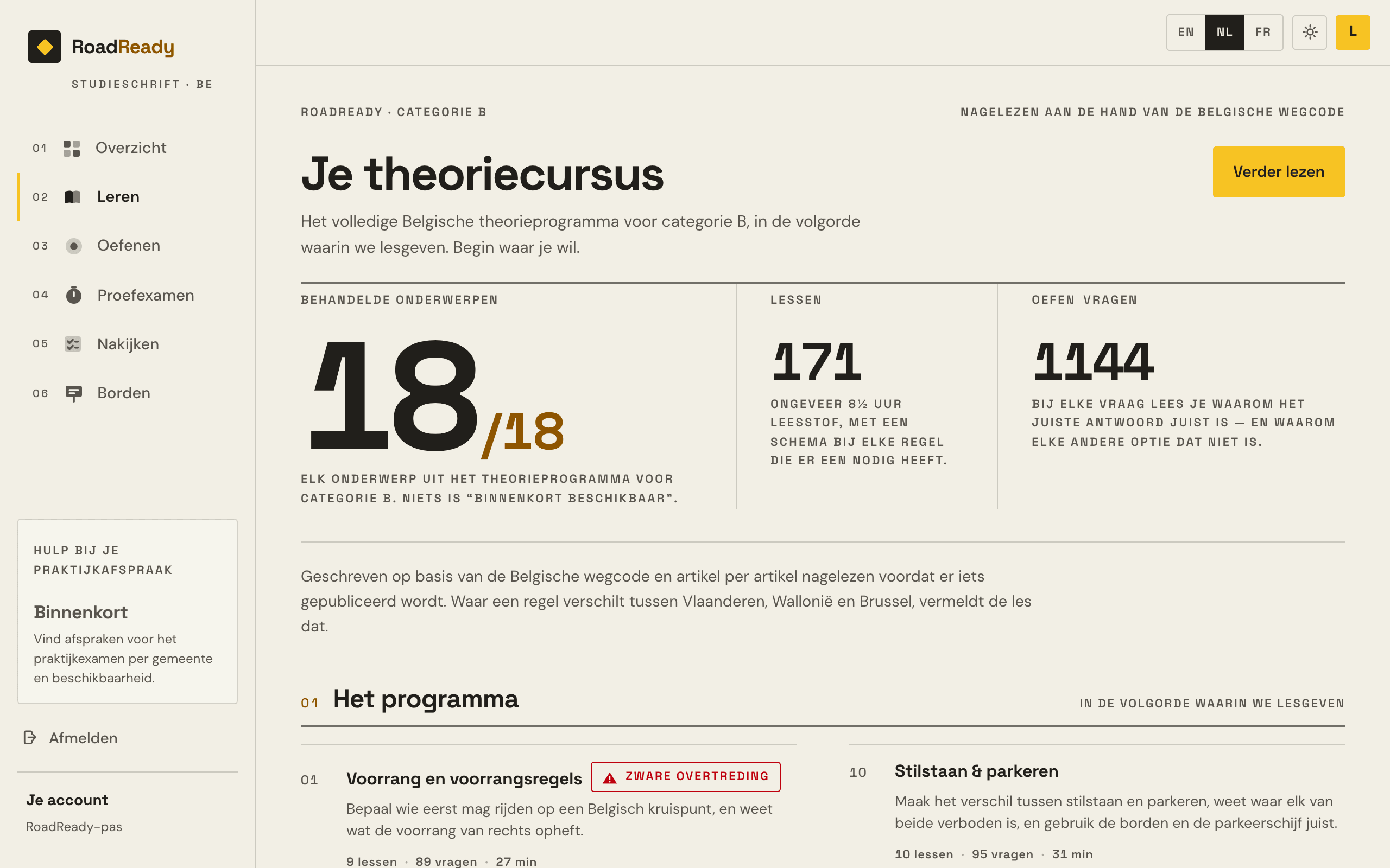 De leerkaart in Examula: elk thema met zijn lessen en zijn aantal vragen