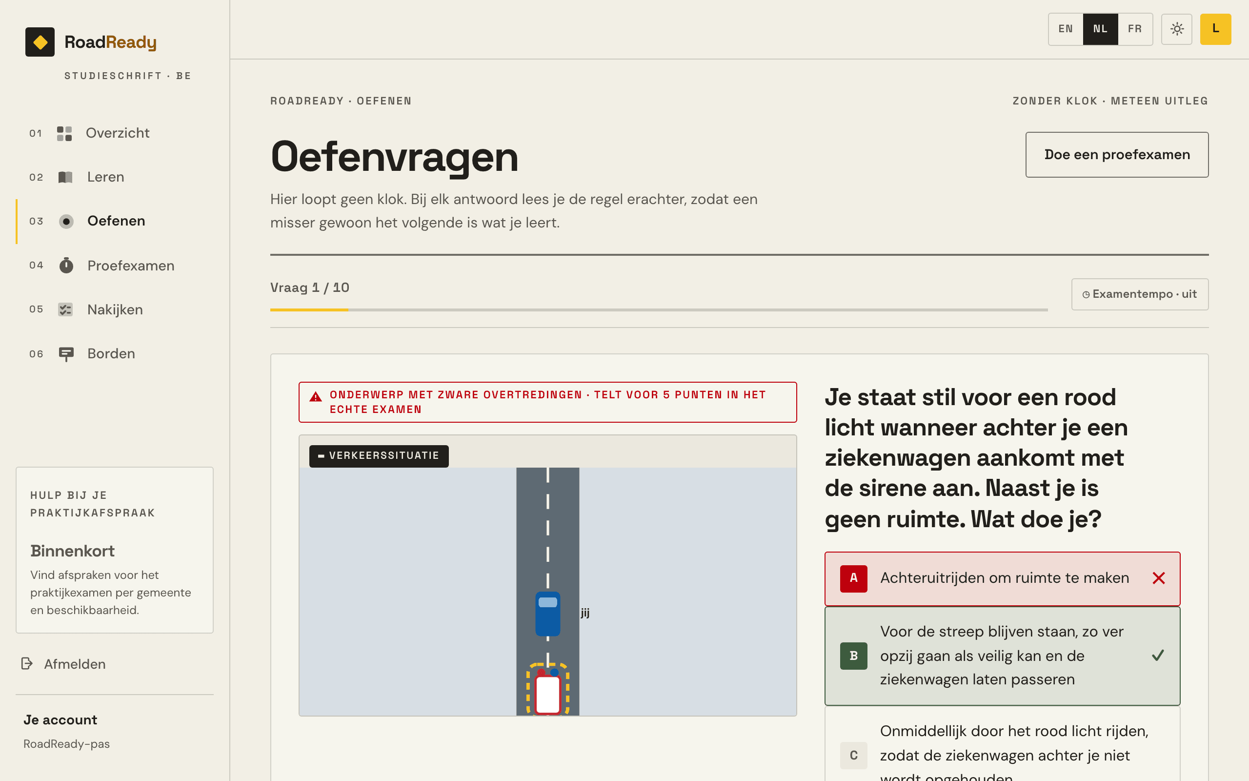 Een oefenvraag in Examula met haar afbeelding, en de uitleg bij elke optie